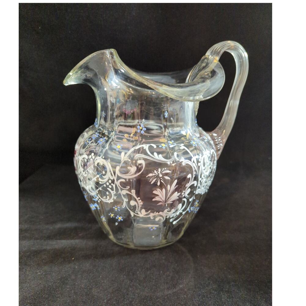 Antique Victorian Hand Blown Pitcher Hand Painted Enamel Pink White Blue Gold
